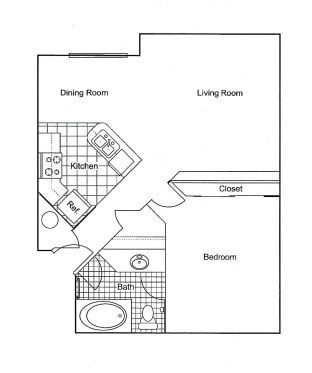 Floor plan for 1 bed, 1 bath, 705 sqft